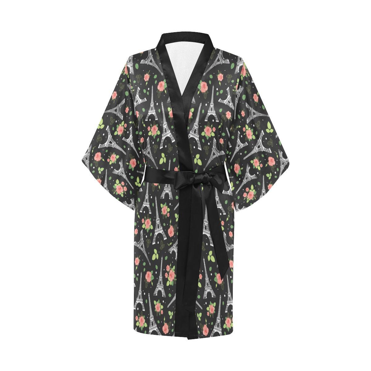 Eiffel Tower Rose Print Women Short Kimono Robe