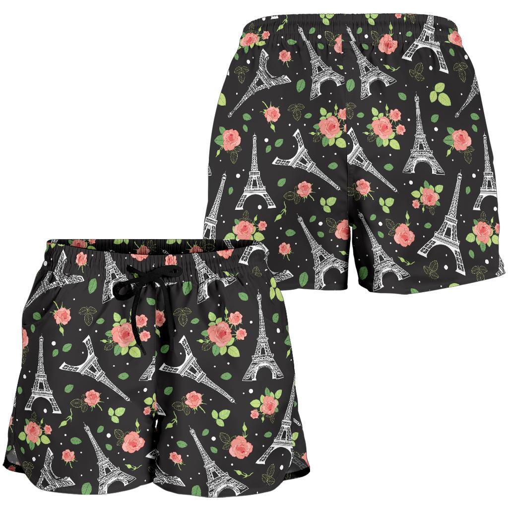 Eiffel Tower Rose Print Women Shorts-JTAMIGO.COM