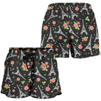 Eiffel Tower Rose Print Women Shorts-JTAMIGO.COM