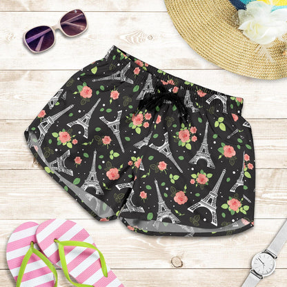 Eiffel Tower Rose Print Women Shorts-JTAMIGO.COM