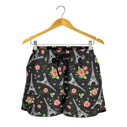 Eiffel Tower Rose Print Women Shorts-JTAMIGO.COM