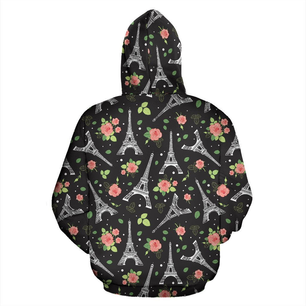 Eiffel Tower Rose Print Zip Up Hoodie