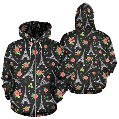 Eiffel Tower Rose Print Zip Up Hoodie