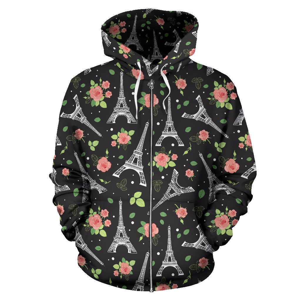 Eiffel Tower Rose Print Zip Up Hoodie