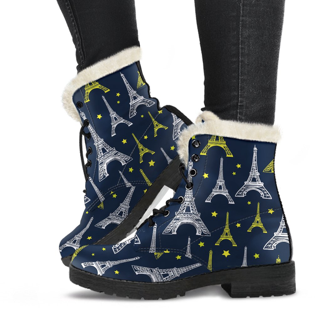 Eiffel Tower Star Print Faux Fur Leather Boots-JTAMIGO.COM