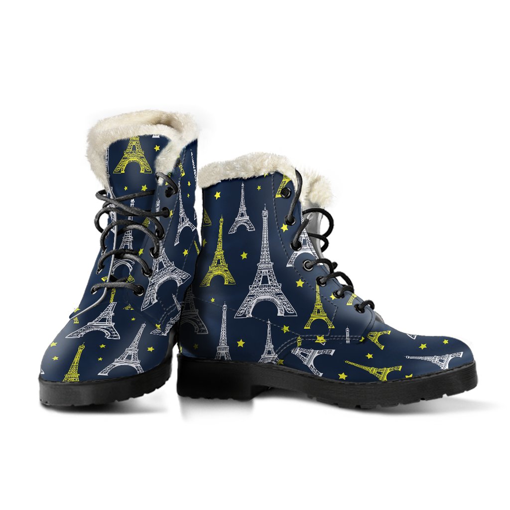 Eiffel Tower Star Print Faux Fur Leather Boots-JTAMIGO.COM
