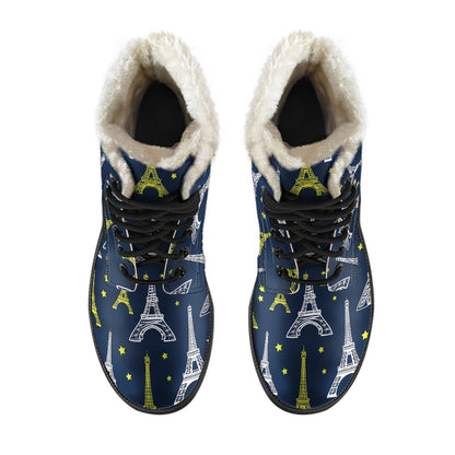 Eiffel Tower Star Print Faux Fur Leather Boots-JTAMIGO.COM