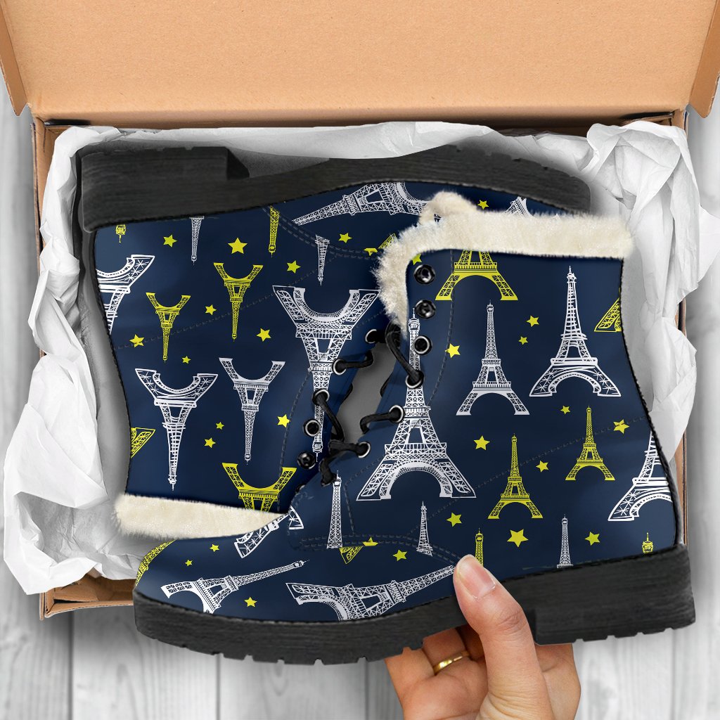 Eiffel Tower Star Print Faux Fur Leather Boots-JTAMIGO.COM
