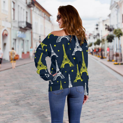 Eiffel Tower Star Print Off Shoulder Sweatshirt
