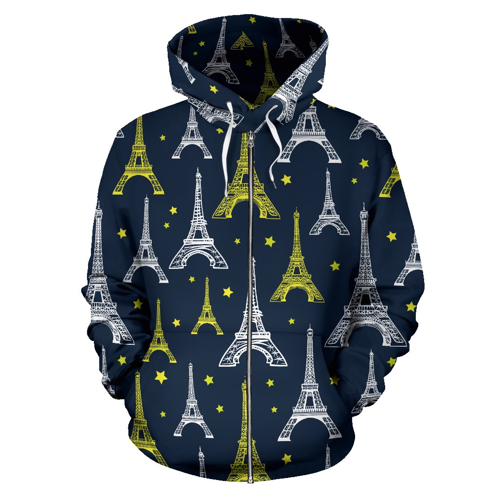 Eiffel Tower Star Print Zip Up Hoodie