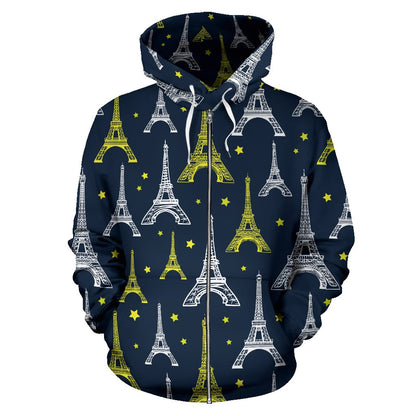 Eiffel Tower Star Print Zip Up Hoodie