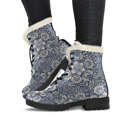 Elegant Floral Print Pattern Faux Fur Leather Boots-JTAMIGO.COM