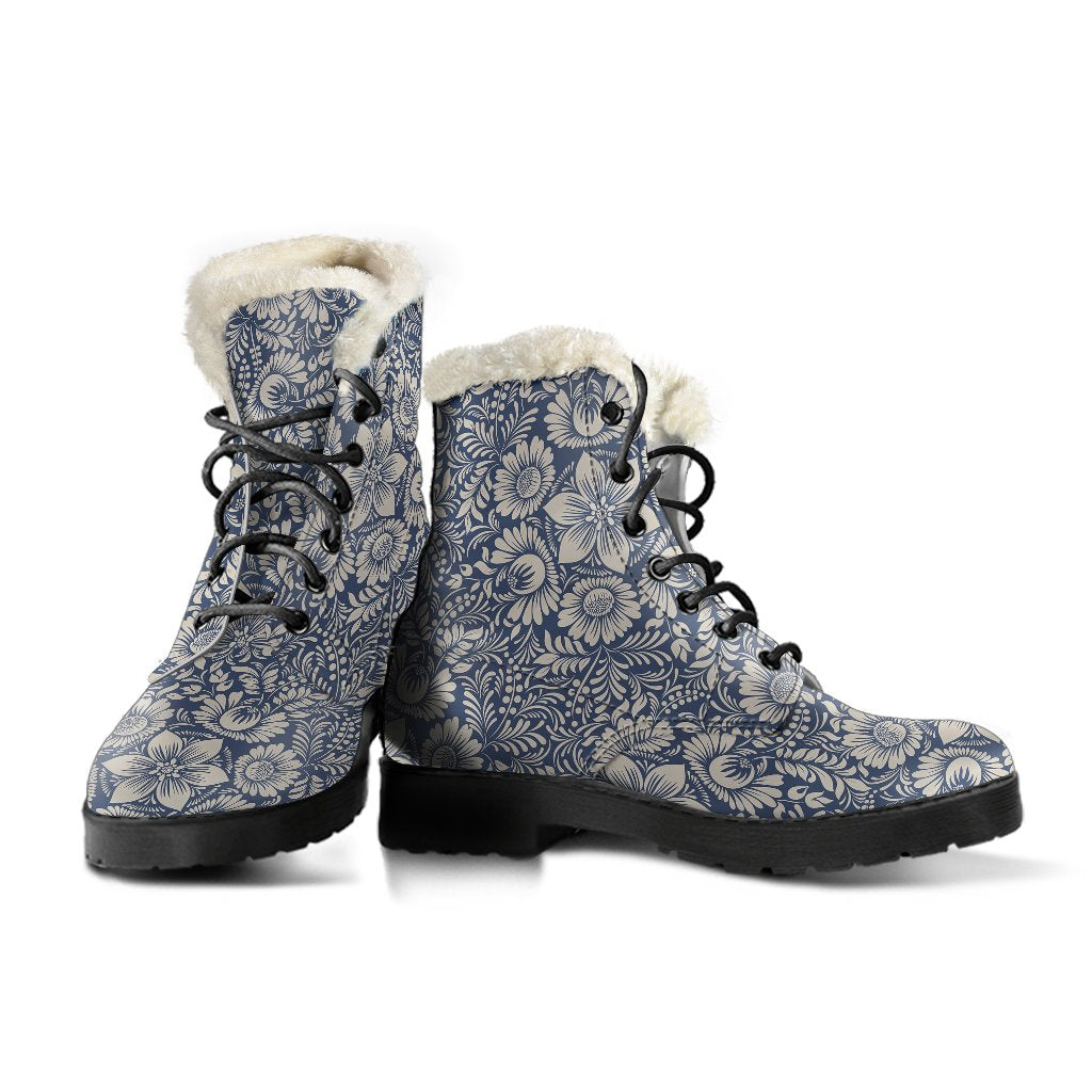 Elegant Floral Print Pattern Faux Fur Leather Boots-JTAMIGO.COM