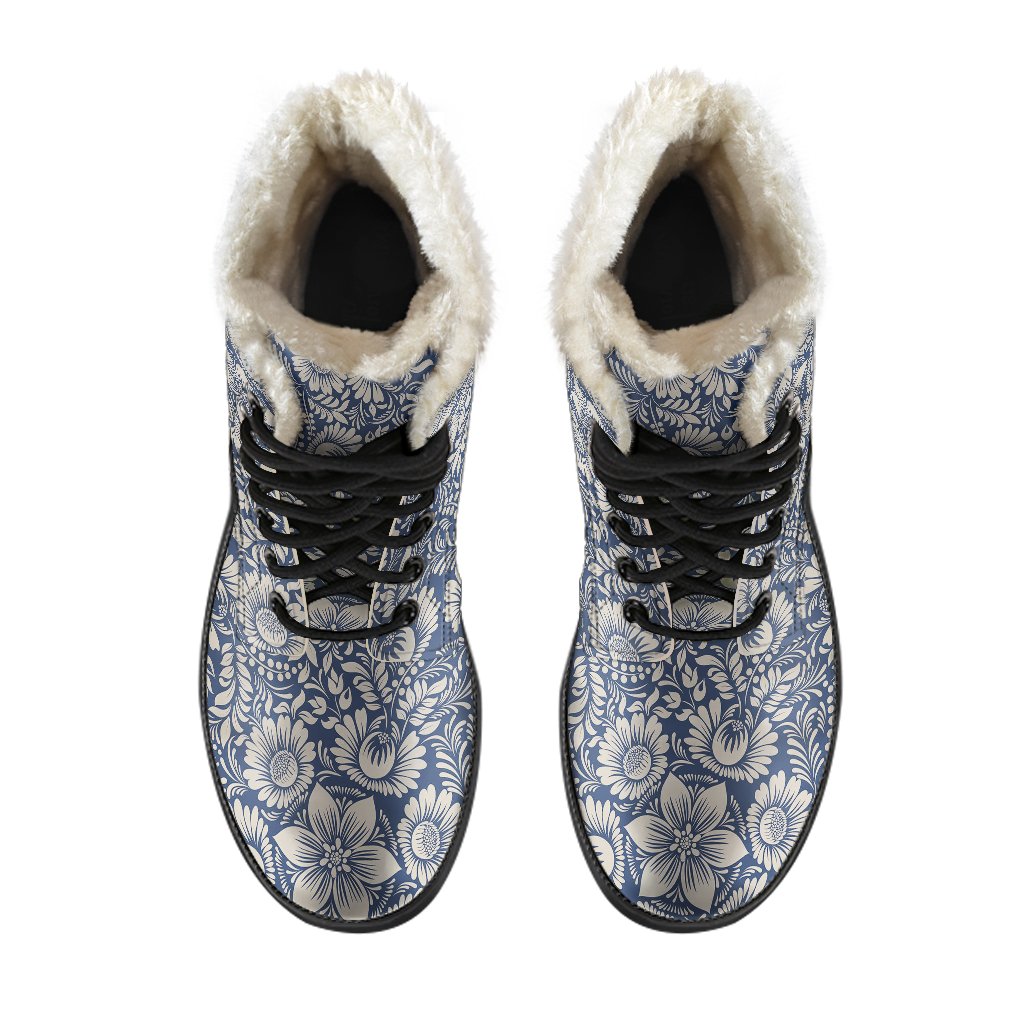 Elegant Floral Print Pattern Faux Fur Leather Boots-JTAMIGO.COM