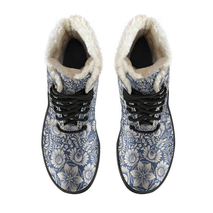 Elegant Floral Print Pattern Faux Fur Leather Boots-JTAMIGO.COM