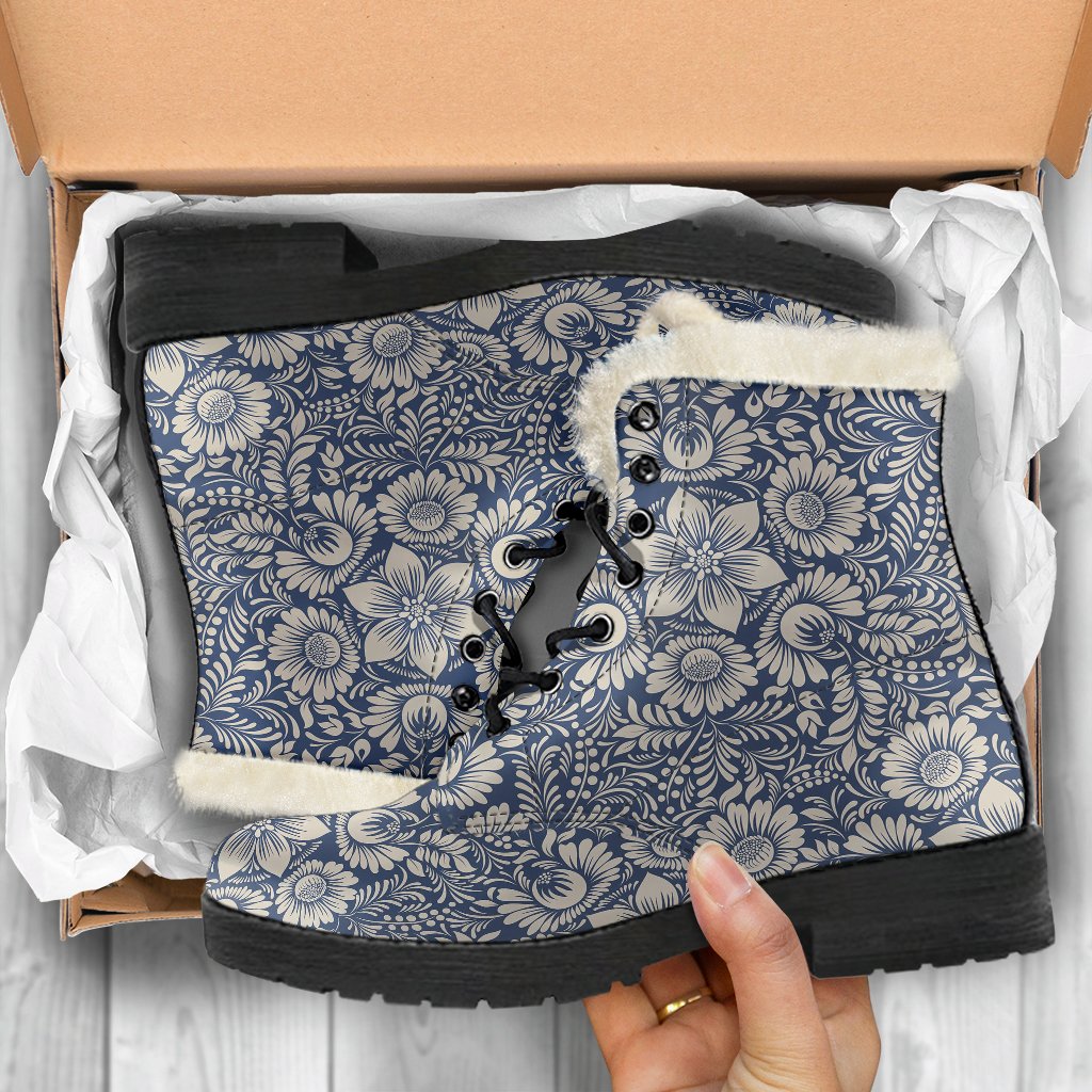 Elegant Floral Print Pattern Faux Fur Leather Boots-JTAMIGO.COM