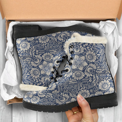 Elegant Floral Print Pattern Faux Fur Leather Boots-JTAMIGO.COM