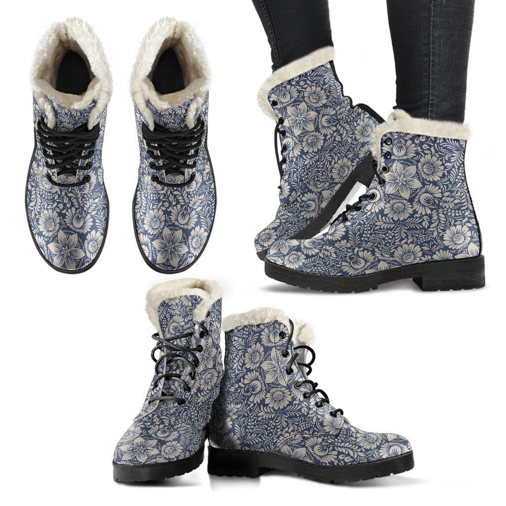 Elegant Floral Print Pattern Faux Fur Leather Boots-JTAMIGO.COM