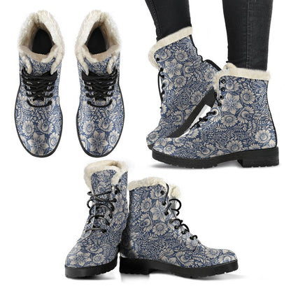 Elegant Floral Print Pattern Faux Fur Leather Boots-JTAMIGO.COM