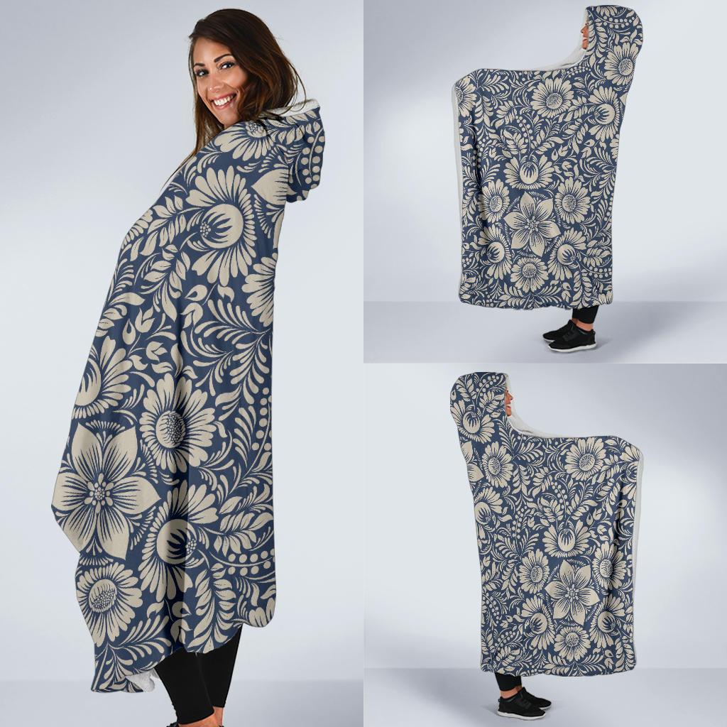 Elegant Floral Print Pattern Hooded Blanket-JTAMIGO.COM