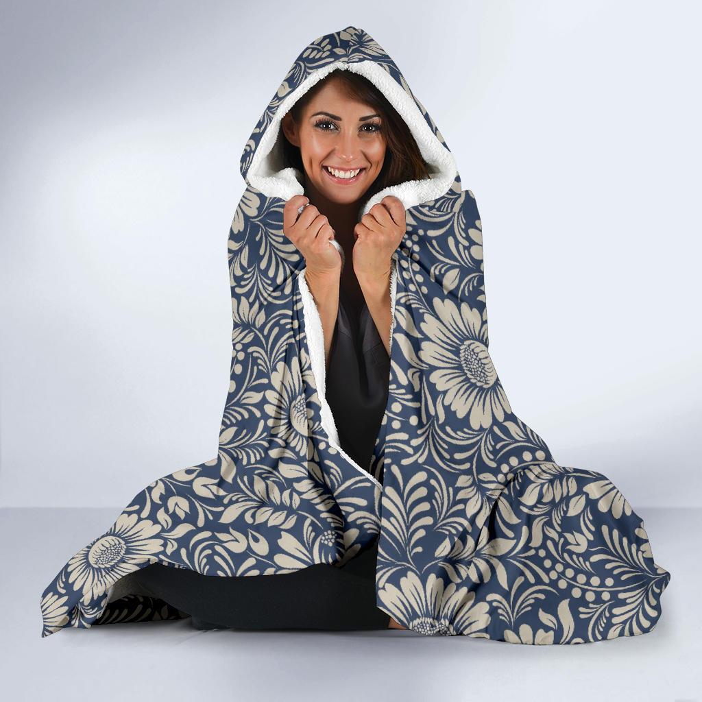 Elegant Floral Print Pattern Hooded Blanket-JTAMIGO.COM