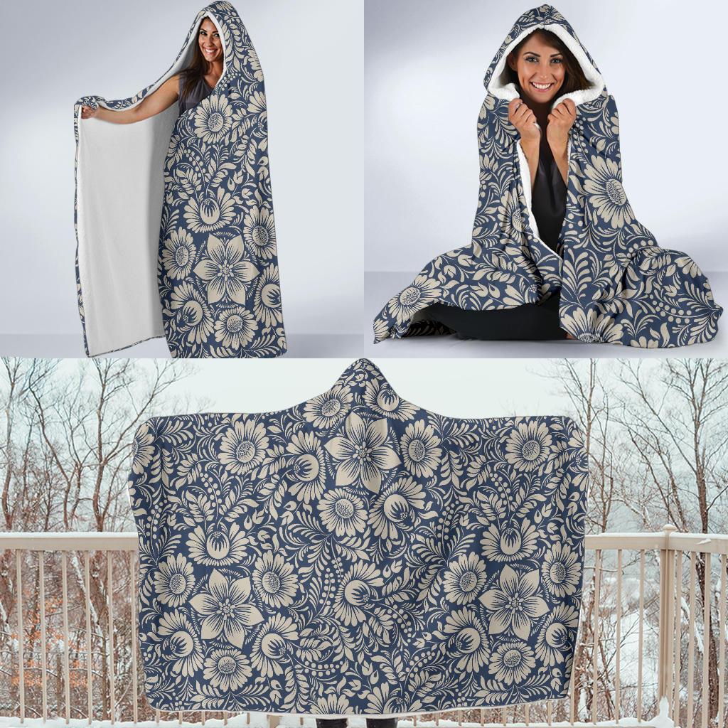 Elegant Floral Print Pattern Hooded Blanket-JTAMIGO.COM