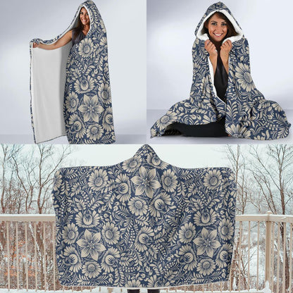 Elegant Floral Print Pattern Hooded Blanket-JTAMIGO.COM