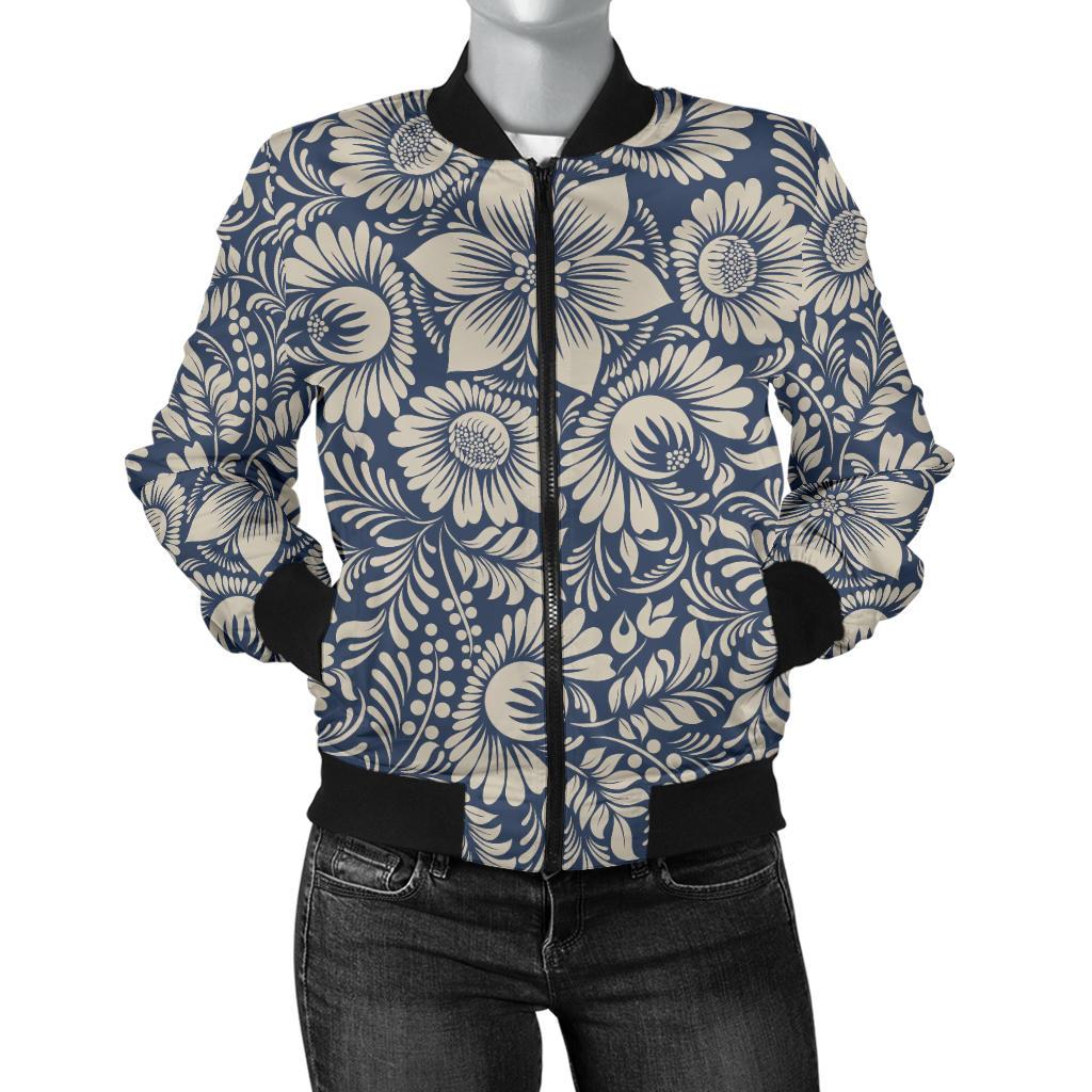 Elegant Floral Print Pattern Women Casual Bomber Jacket