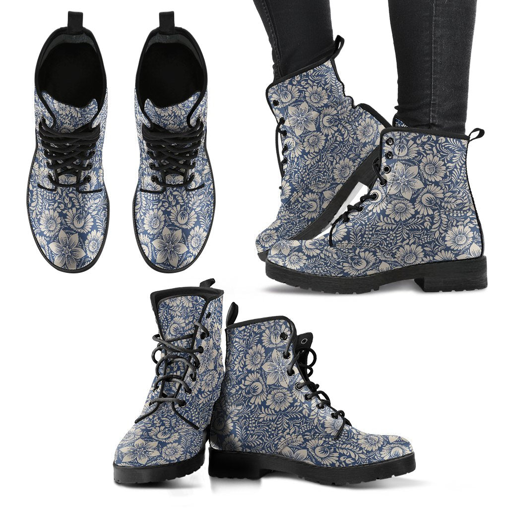 Elegant Floral Print Pattern Women Leather Boots-JTAMIGO.COM