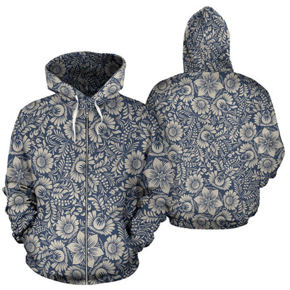 Elegant Floral Print Pattern Zip Up Hoodie