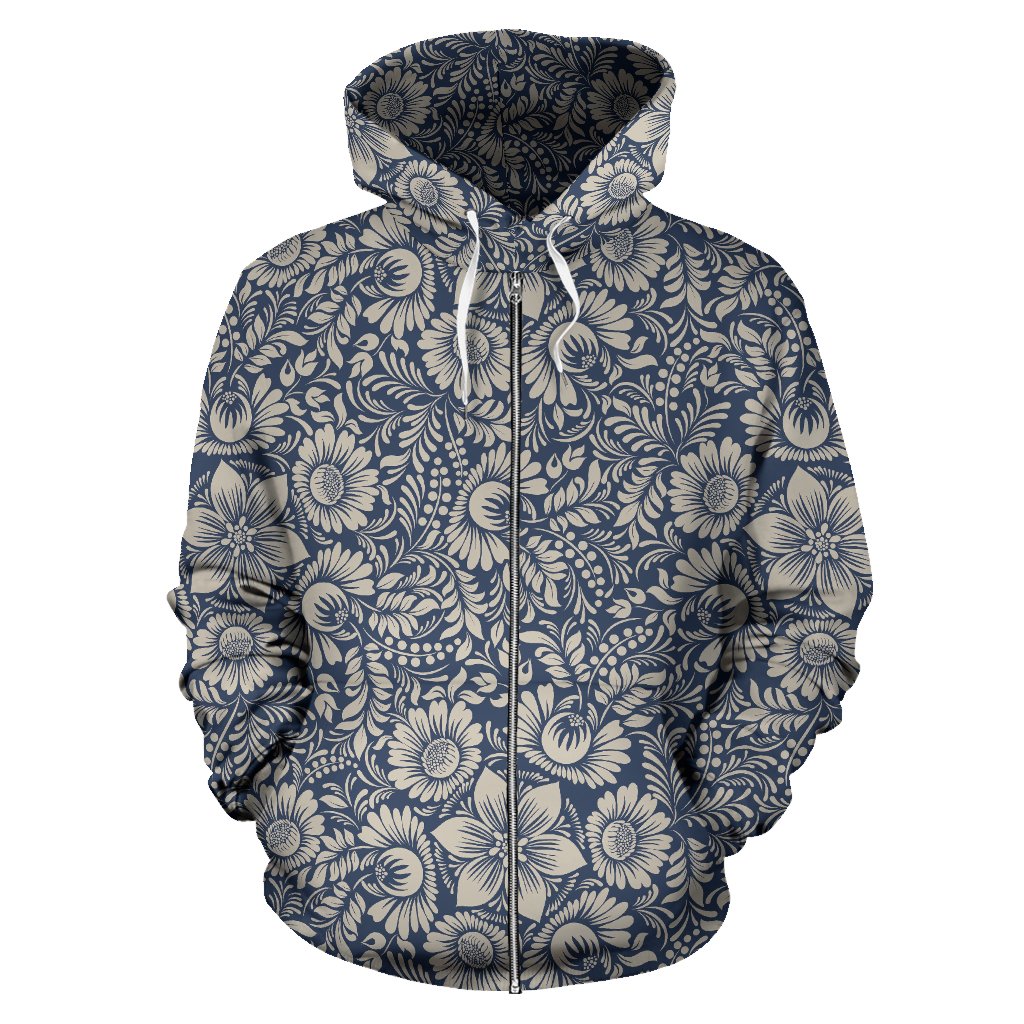 Elegant Floral Print Pattern Zip Up Hoodie