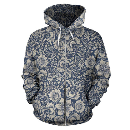 Elegant Floral Print Pattern Zip Up Hoodie
