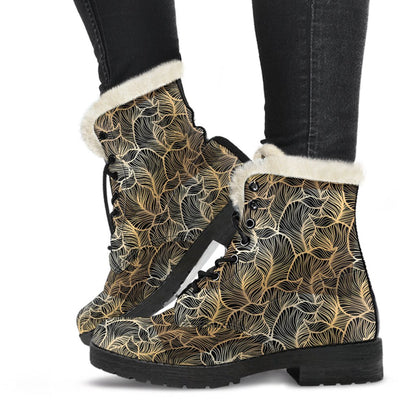Elegant Gold leaf Print Faux Fur Leather Boots-JTAMIGO.COM
