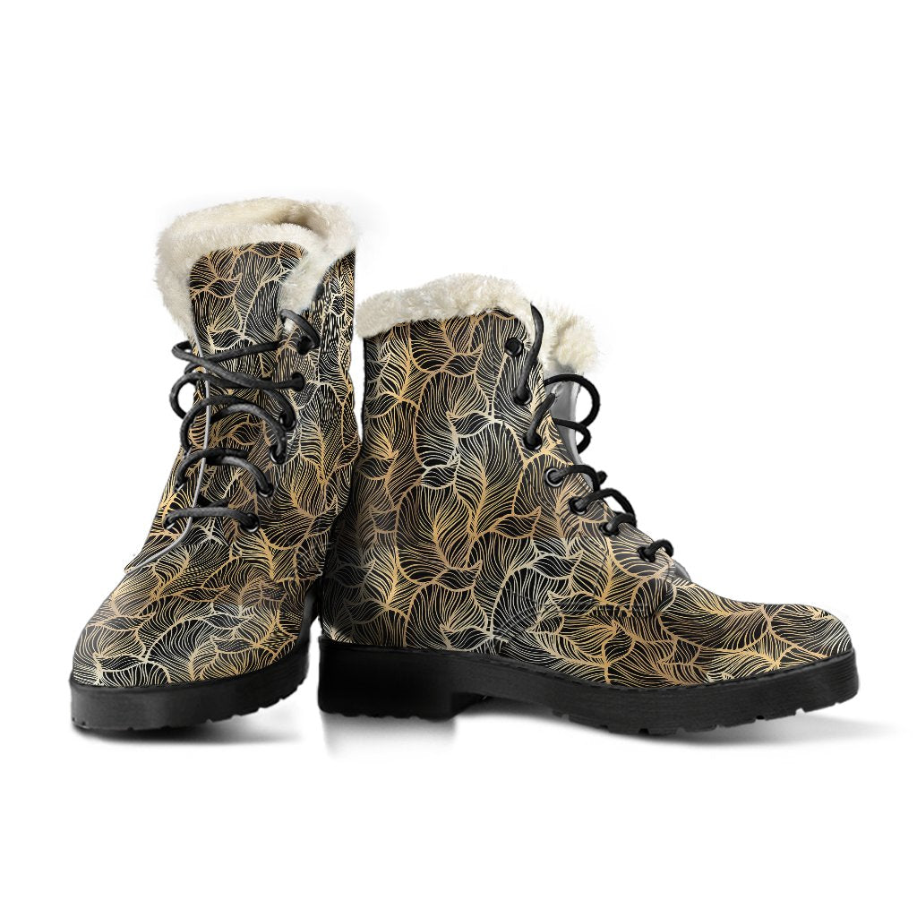 Elegant Gold leaf Print Faux Fur Leather Boots-JTAMIGO.COM