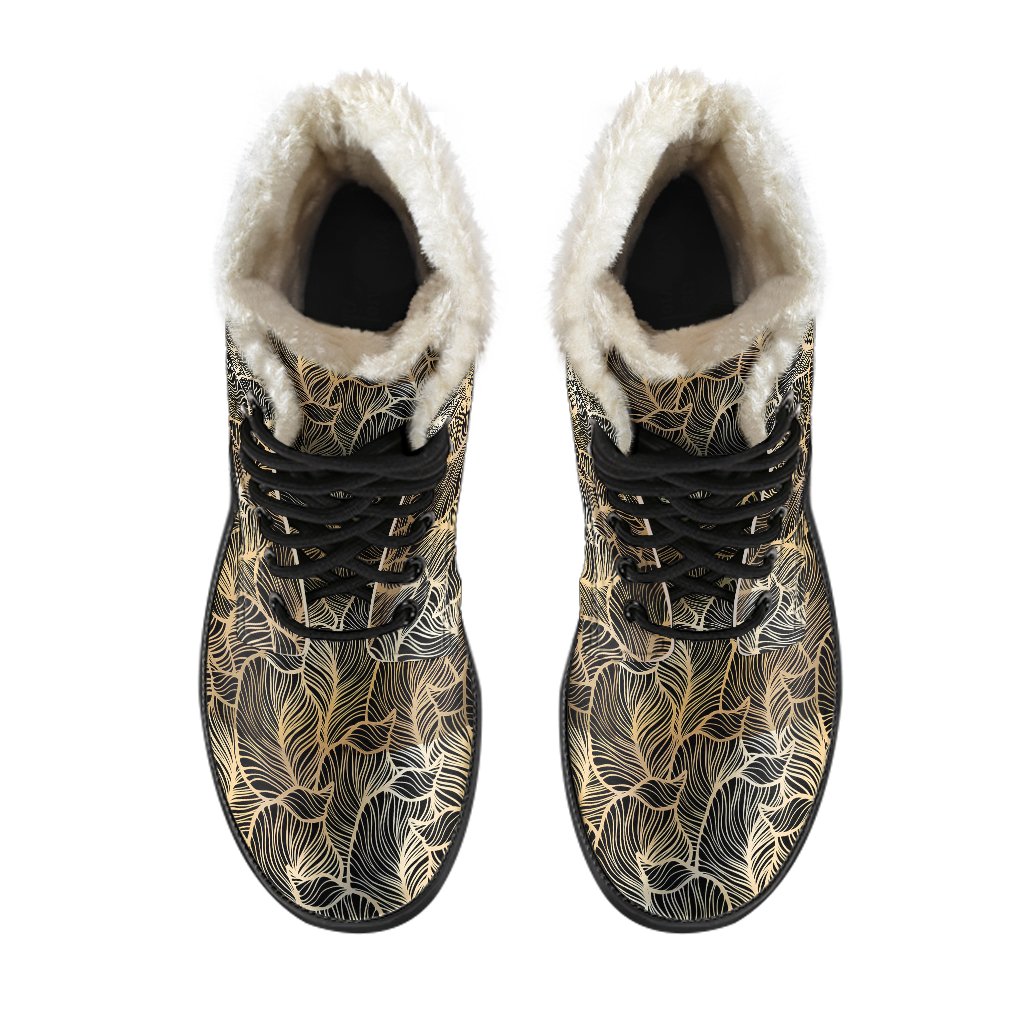 Elegant Gold leaf Print Faux Fur Leather Boots-JTAMIGO.COM