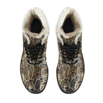 Elegant Gold leaf Print Faux Fur Leather Boots-JTAMIGO.COM