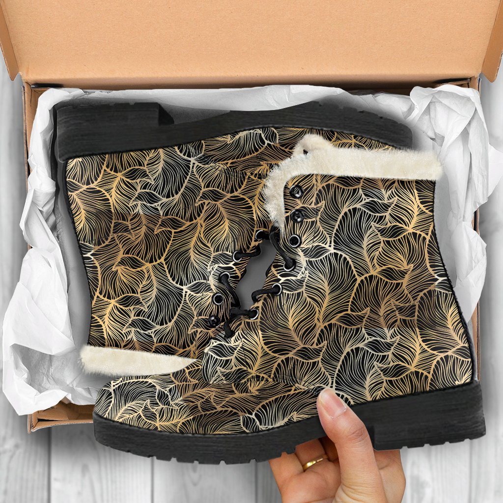 Elegant Gold leaf Print Faux Fur Leather Boots-JTAMIGO.COM