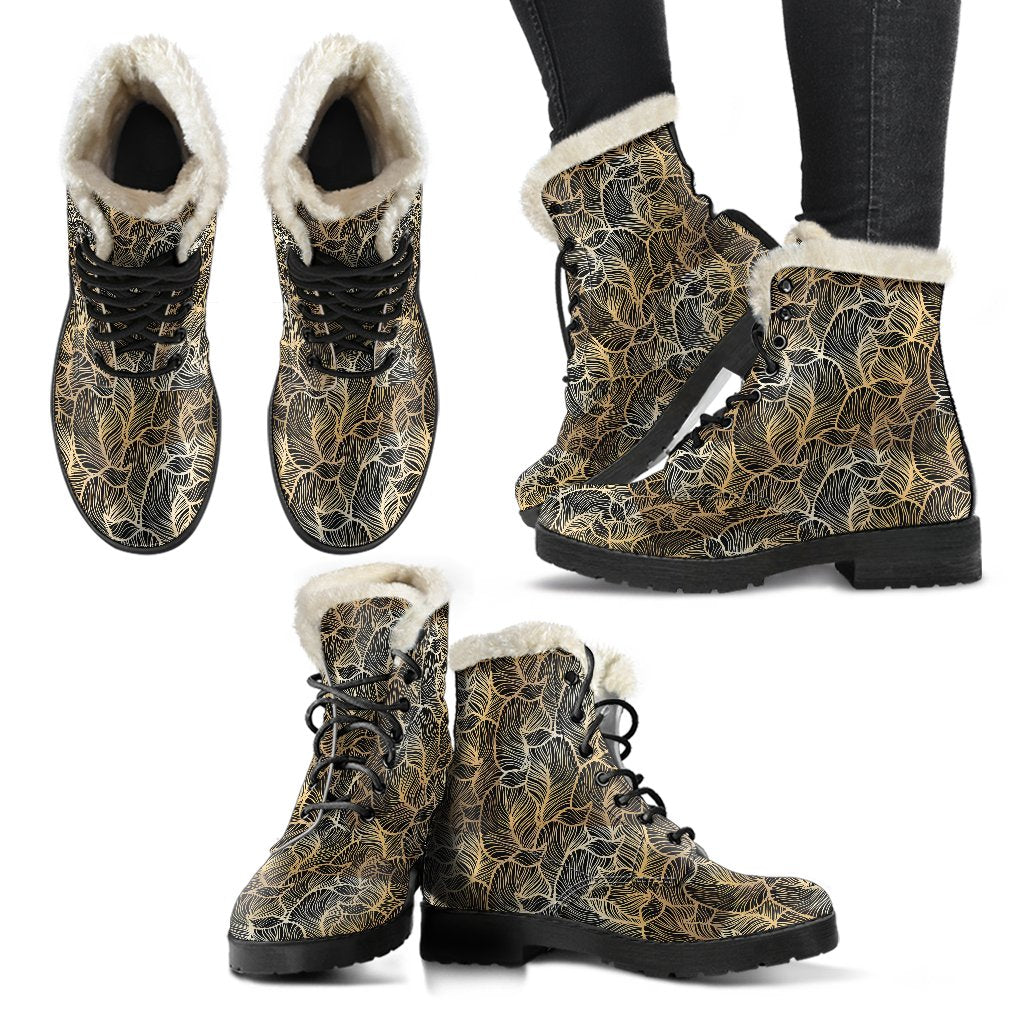 Elegant Gold leaf Print Faux Fur Leather Boots-JTAMIGO.COM