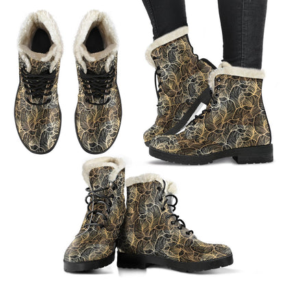 Elegant Gold leaf Print Faux Fur Leather Boots-JTAMIGO.COM