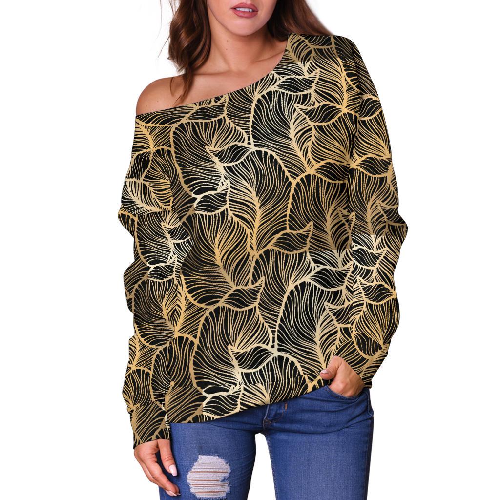 Elegant Gold leaf Print Off Shoulder Sweatshirt