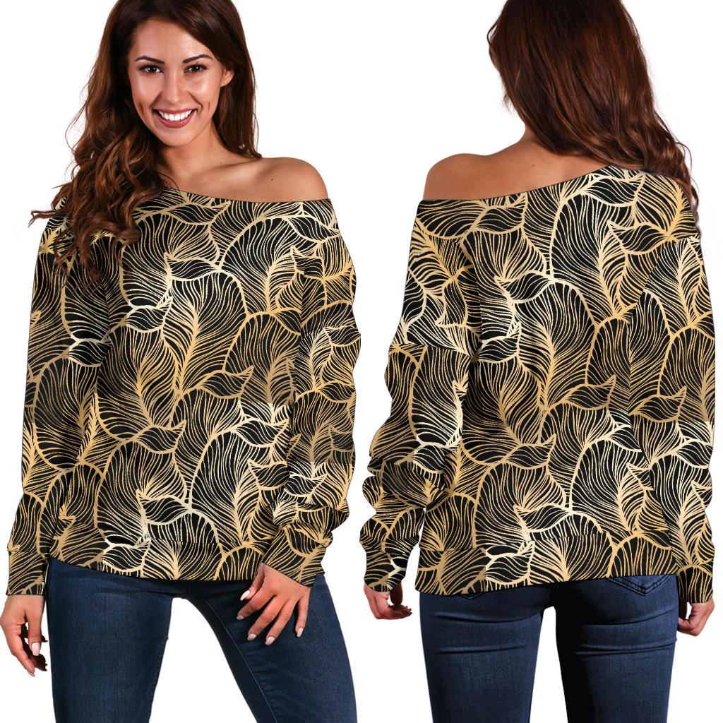 Elegant Gold leaf Print Off Shoulder Sweatshirt