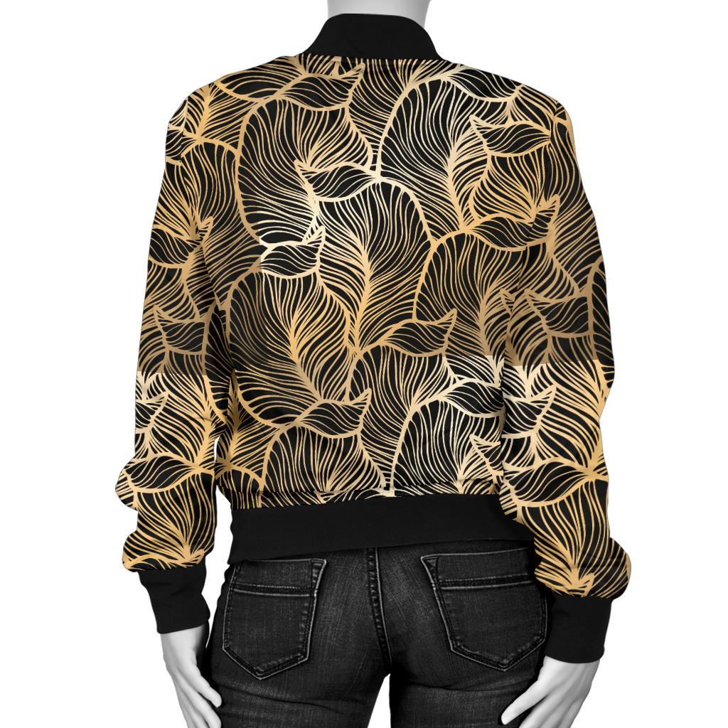 Elegant Gold leaf Print Women Casual Bomber Jacket