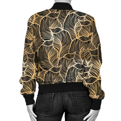 Elegant Gold leaf Print Women Casual Bomber Jacket