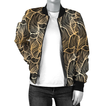 Elegant Gold leaf Print Women Casual Bomber Jacket
