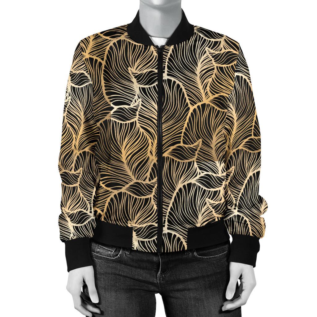 Elegant Gold leaf Print Women Casual Bomber Jacket