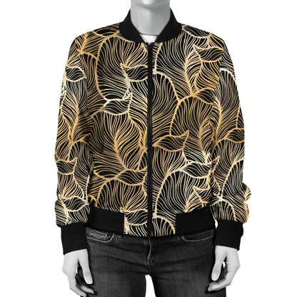 Elegant Gold leaf Print Women Casual Bomber Jacket