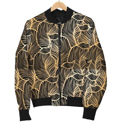 Elegant Gold leaf Print Women Casual Bomber Jacket