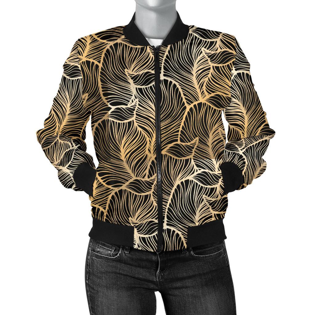 Elegant Gold leaf Print Women Casual Bomber Jacket