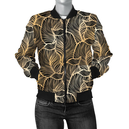 Elegant Gold leaf Print Women Casual Bomber Jacket