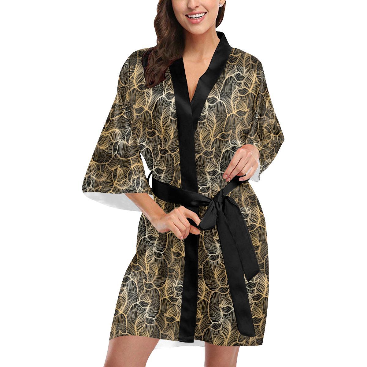 Elegant Gold leaf Print Women Short Kimono Robe